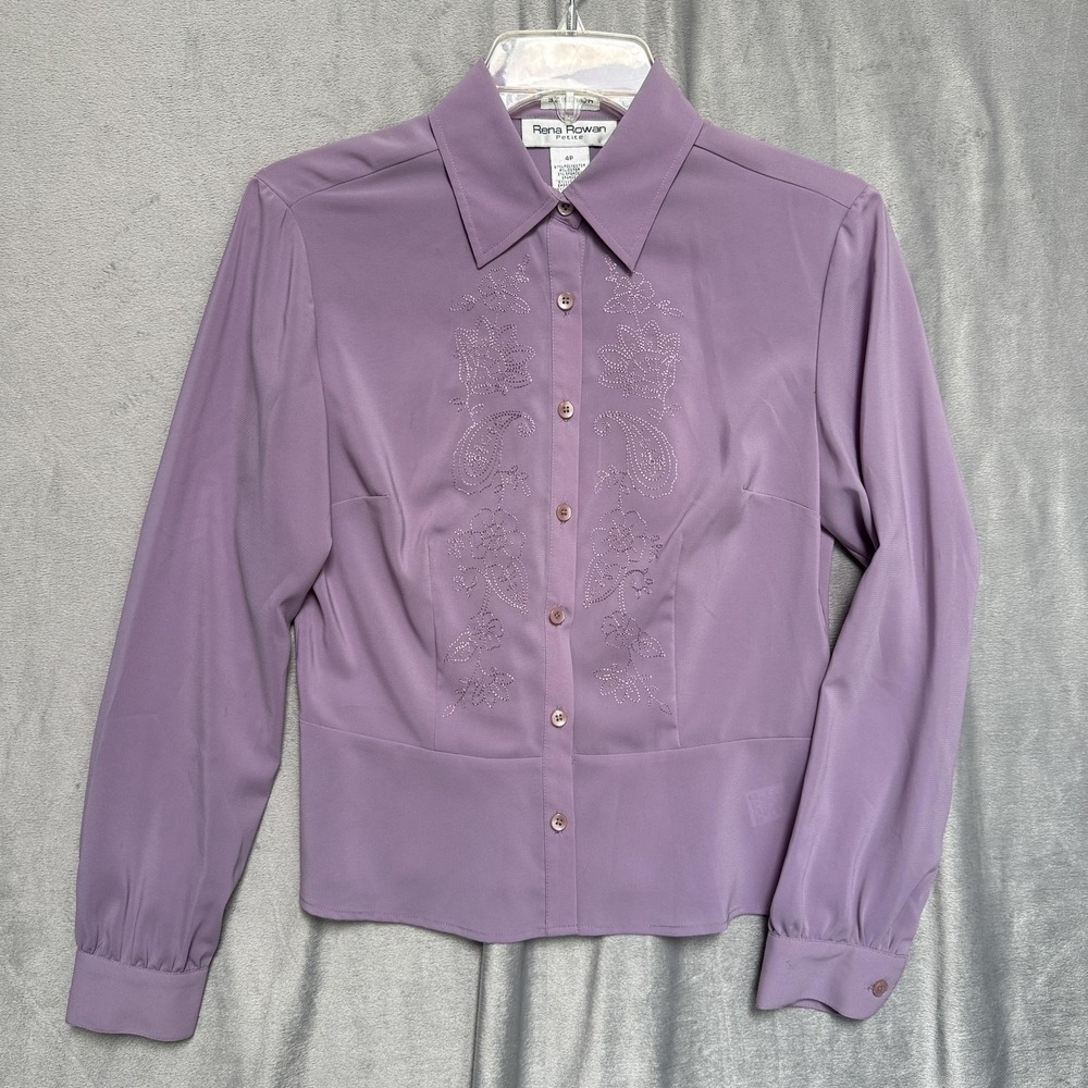 Rena Rowan Petite Shirt Womens 4P Purple Embroidered Paisley Peplum Button Front